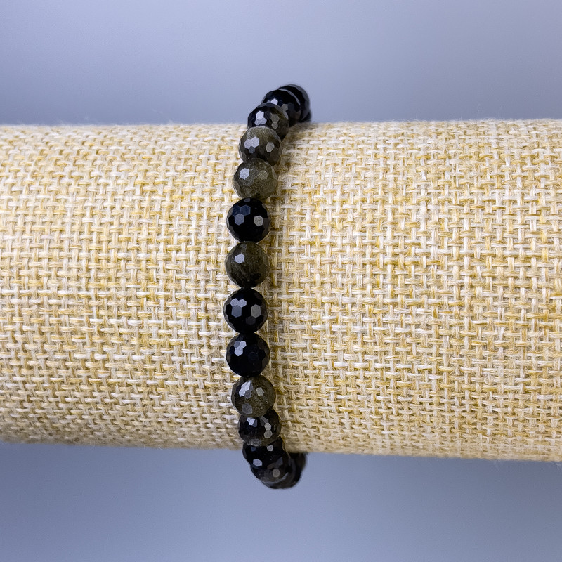 Sunstone Obsidian Bracelet, faceted round bead, diameter 6mm+/-, length 18cm+/- stretch