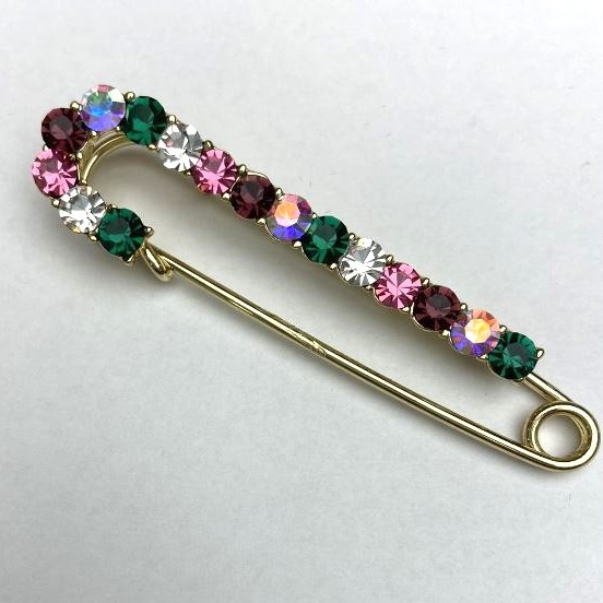 Coat Pin Brooch with Multicolour Rhinestones 72x18mm, Gold-Tone Metal