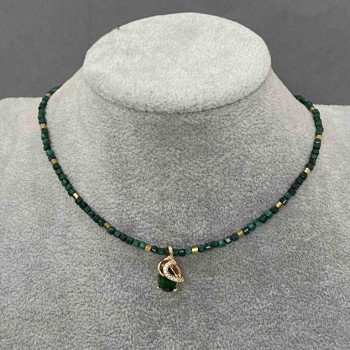 Choker Malachite Faceted Cube, Diameter 2mm+/- with Gold-Tone Metal Pendant, Length 36-40cm+/- with Clasp