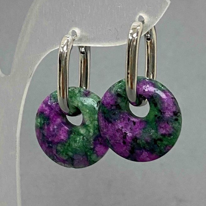 Zoisite Earrings, diameter 18mm+/-, length 31mm+/- silver-toned metal