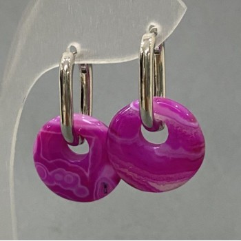 Earrings Raspberry Agate, Diameter 18mm+/-, Length 30mm+