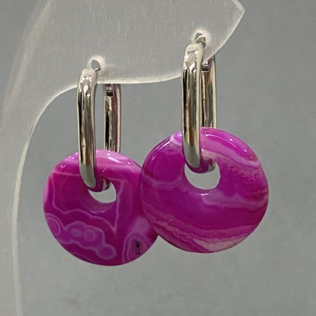 Earrings Raspberry Agate, Diameter 18mm+/-, Length 30mm+