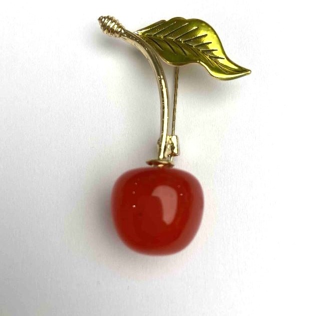 Cherry Brooch, diameter 18mm+-, enamel, gold-tone metal, 48mm+