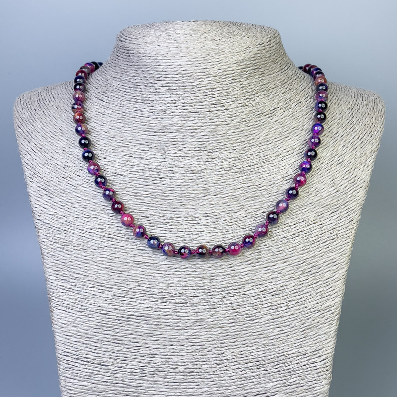 Multicolour Cat's Eye Necklace, smooth round beads, diameter 6mm+-, length 50cm+- with clasp