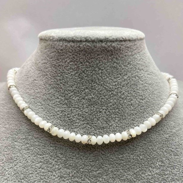 Mother-of-Pearl Choker, Natural Rondelle 5x3mm+- with Metal Inserts and White Rhinestones, Length 35-43cm+