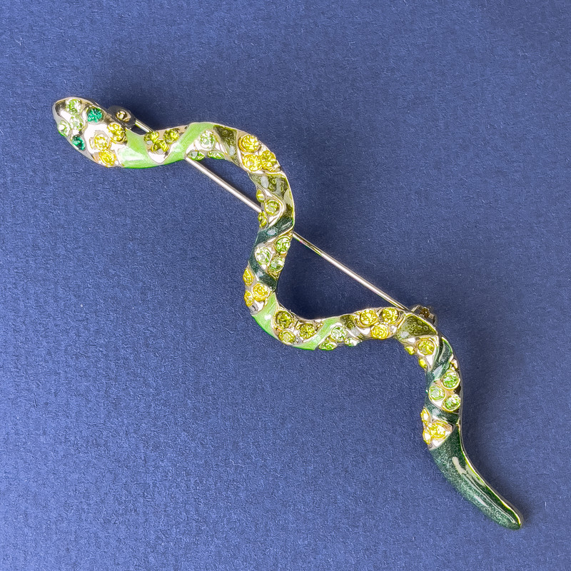 Brooch Snake, green enamel, rhinestones, gold-tone metal, 82x23mm+
