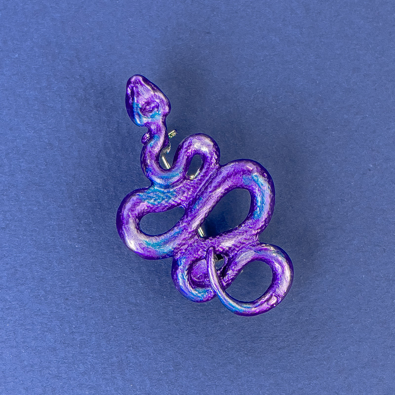 Brooch Pendant Snake, purple-blue colour, silver-tone metal, 37x22mm+