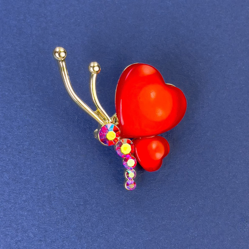 Butterfly Brooch, Diameter 34x21mm+- Red Cat's Eye Rhinestones Gold-Tone Metal
