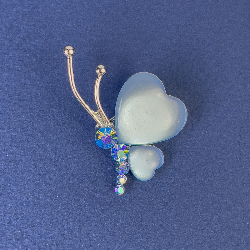 Butterfly Brooch, Diameter 34x21mm+- Blue Cat's Eye Rhinestones Silver-Tone Metal