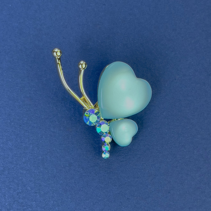 Butterfly Brooch, Diameter 34x21mm+- Blue Cat's Eye Rhinestones Gold-Tone Metal