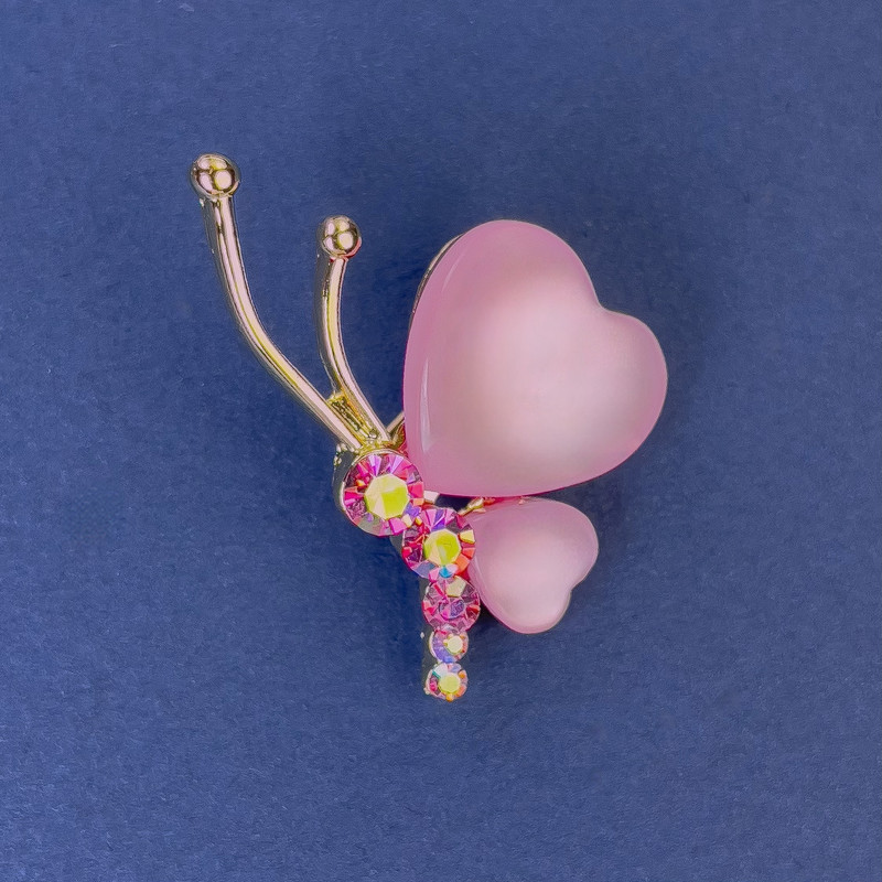 Butterfly Brooch, Diameter 34x21mm+- Pink Cat's Eye Rhinestones Gold-Tone Metal