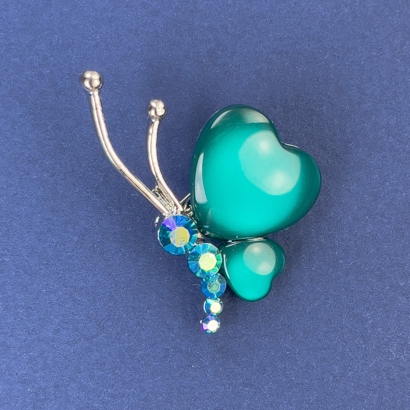 Butterfly Brooch, diameter 34x21mm+/-, rich green Cat's Eye, rhinestones, silver-tone metal