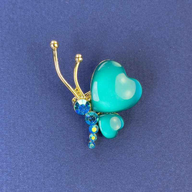 Butterfly Brooch, 34x21mm+-, Green Cat's Eye, Rhinestones, Gold-Tone Metal