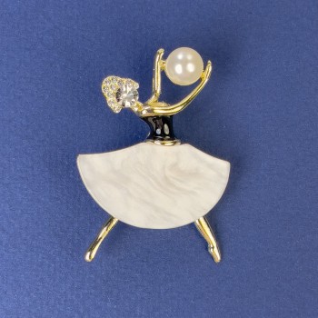 Brooch Pendant Girl, Mother-of-Pearl colour, white rhinestones, gold-tone metal, 47x32mm+- with a pearl
