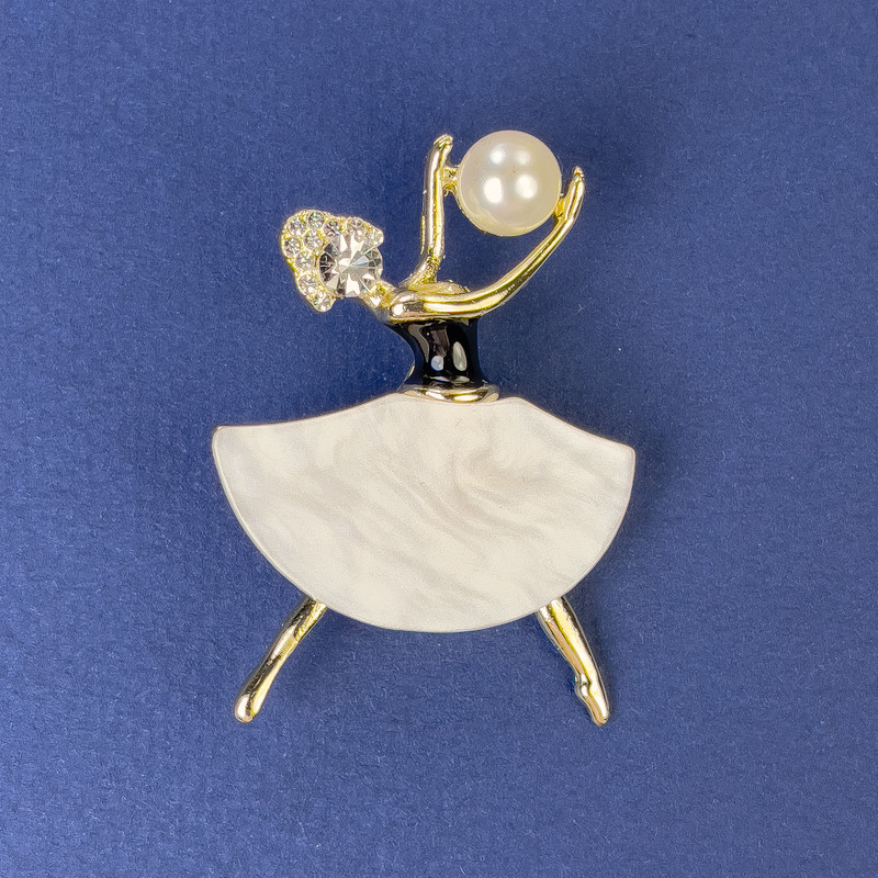 Brooch Pendant Girl, Mother-of-Pearl colour, white rhinestones, gold-tone metal, 47x32mm+- with a pearl