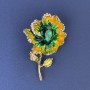 Flower Brooch, diameter 52x32mm+/-, enamel, white rhinestones and green crystal