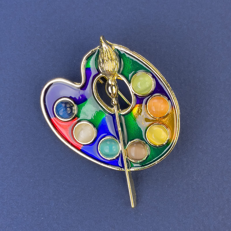 "Palette" Brooch, multicoloured cat's eye, enamel, gold-tone metal, 39x32mm+
