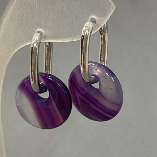 Purple Agate Donut Earrings, diameter 18mm+/-, length 30mm+