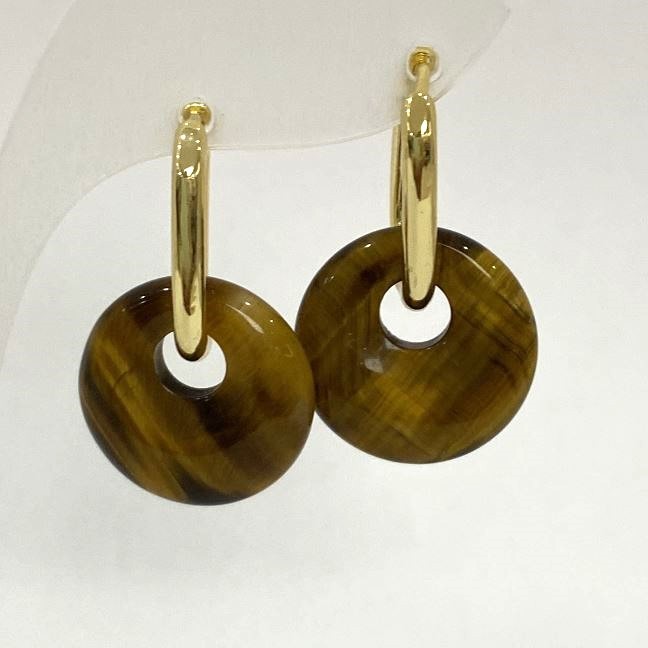 Tiger's Eye Donut Earrings, diameter 18mm+/-, length 30mm+