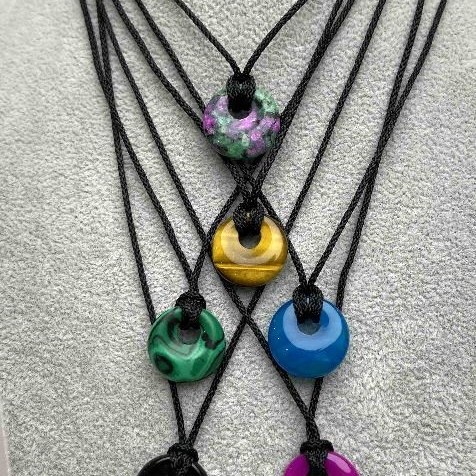 Black Braided Cord Necklace, diameter 1.9mm, with donut pendant diameter 18mm+/-, length 58cm+/- adjustable