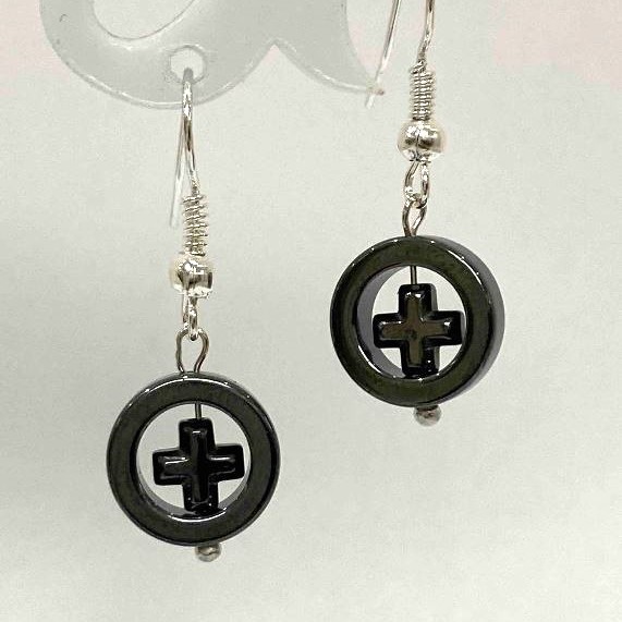 Hematite Earrings "Cross in Circle", Diameter 12mm+-, Length 33mm+