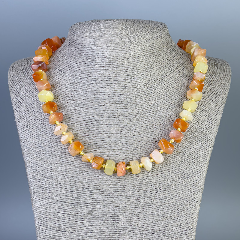 Necklace Botswana Agate orange natural stone faceted rondelle, diameter 11x7.5mm+-, length 50cm+- with clasp