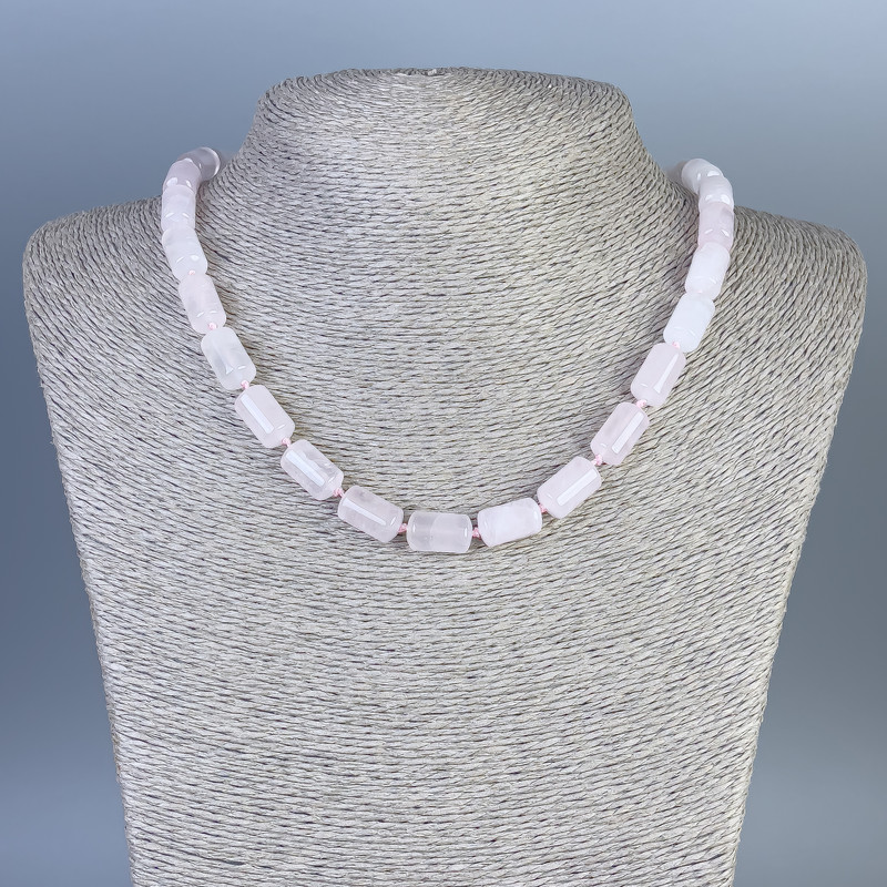 Rose Quartz Necklace, rounded cylinder, diameter 14x8mm+/-, length 45cm+/- with clasp