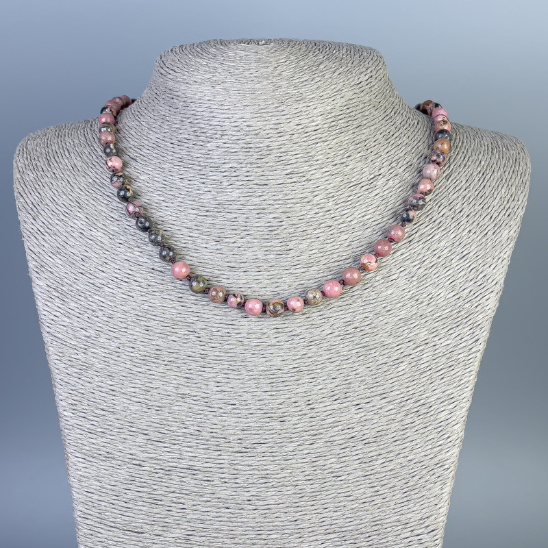 Rhodonite Necklace, smooth round beads, diameter 6mm+/-, length 45cm+/- with clasp