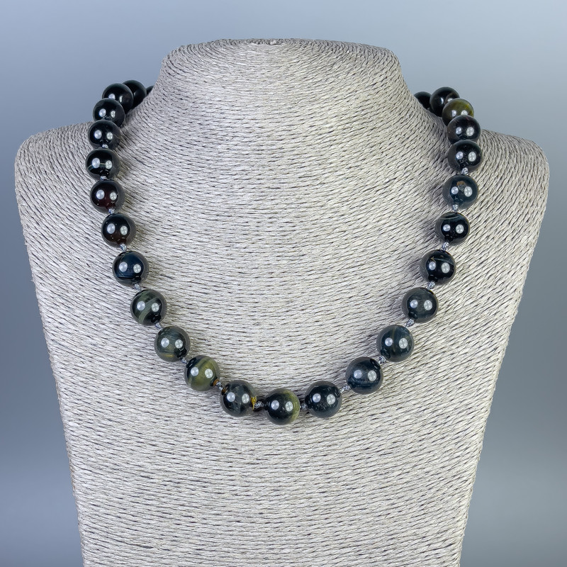 Hawk's Eye Necklace, smooth round beads, diameter 12mm+/-, length 50cm+/- with clasp