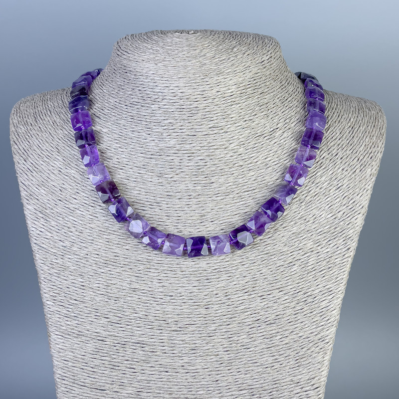 Necklace Amethyst Natural Stone Faceted Rectangle, size 9x10x5mm+-, length 45cm+- with clasp