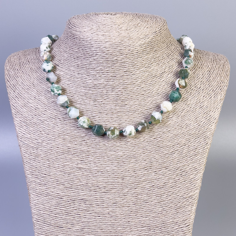 Moss Agate Necklace, Faceted Beads, Diameter 9mm+-, Length 45cm+- with Clasp
