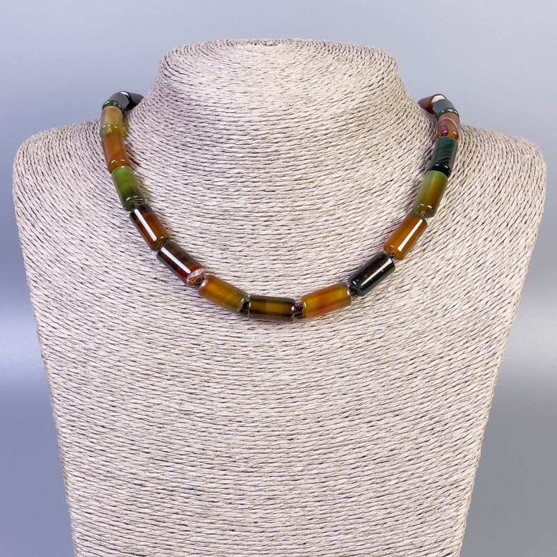 Agate Necklace, Smooth Cylinder Beads, Diameter 15x8mm+-, Length 45cm+- with Clasp