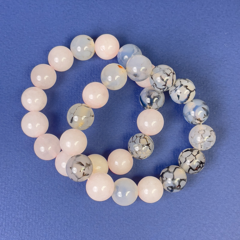 Rose Quartz & Dragon Vein Agate Bracelet Set, smooth round beads, diameter 12mm+/-, length 18cm+/- stretch