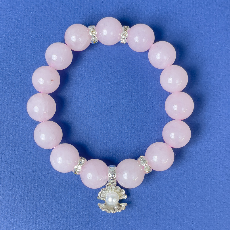 Rose Quartz Bracelet, Smooth Bead, Diameter 12mm+/- with Metal Inserts, Length 18cm+/- Stretch