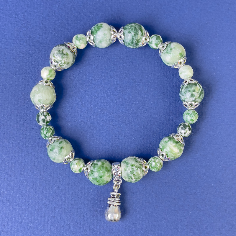 Moss Agate Bracelet Smooth Round Beads, Diameter 6mm+, Diameter 10mm+/- with Metal Spacers, Length 18cm +/- Stretch