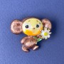 Cheburashka Brooch, Brown Yellow White Enamel, Gold-Tone Metal, 28x31mm+