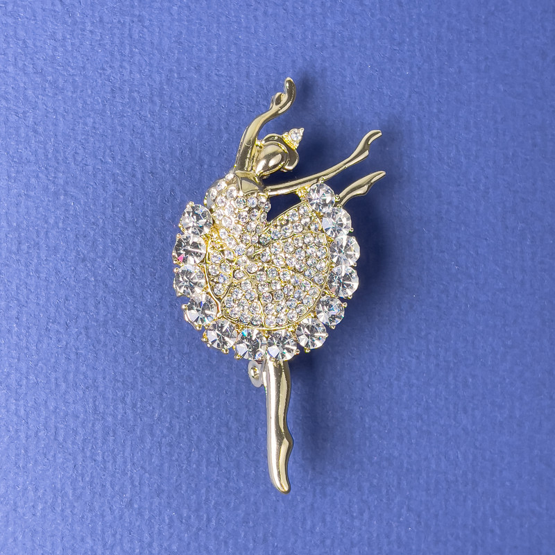 Ballerina Brooch White Rhinestones 51x26mm+/- Gold Metal