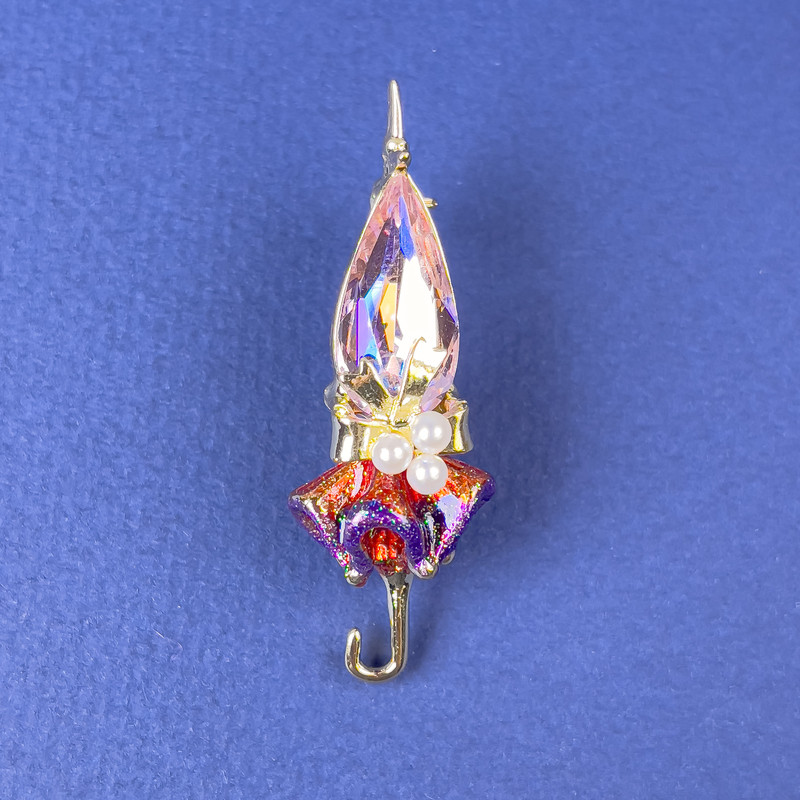 Brooch Umbrella Pink Crystal with Pearls 46x16mm+- gold metal
