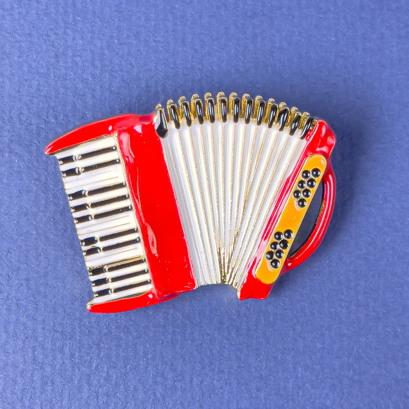 Brooch Harmonica red white black enamel golden metal 42x31mm+