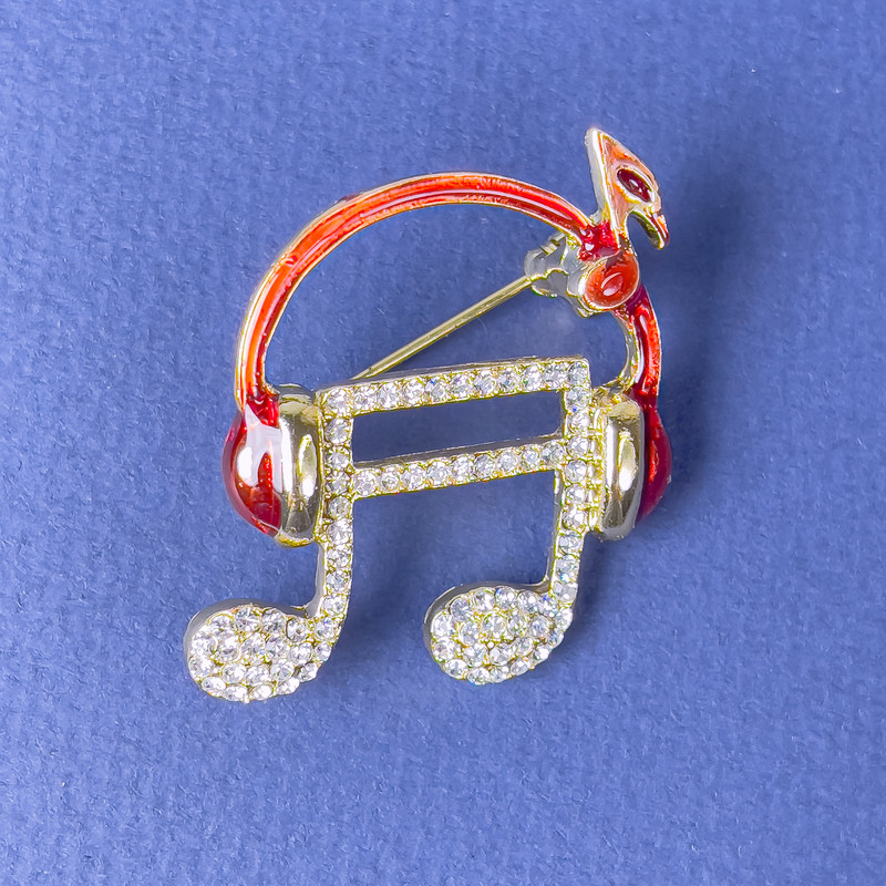 Music Note in Headphones Brooch, White Rhinestones, Red Enamel, Gold-Tone Metal, 27x32mm+