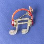 Music Note in Headphones Brooch, White Rhinestones, Red Enamel, Gold-Tone Metal, 27x32mm+