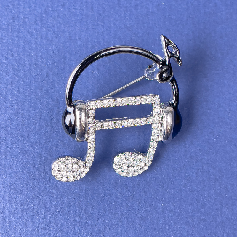 Music Note in Headphones Brooch, White Rhinestones, Black Enamel, Silver-Tone Metal, 27x32mm+
