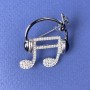 Music Note in Headphones Brooch, White Rhinestones, Black Enamel, Silver-Tone Metal, 27x32mm+