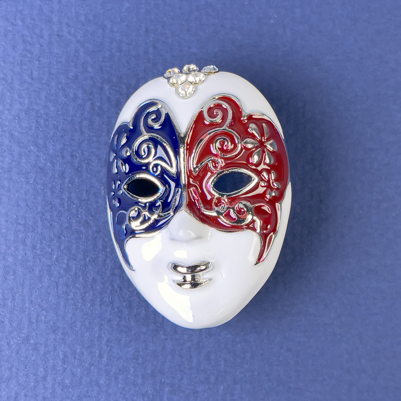 Mask Brooch White Black Burgundy Enamel White Rhinestones Silver Metal 27x39mm+
