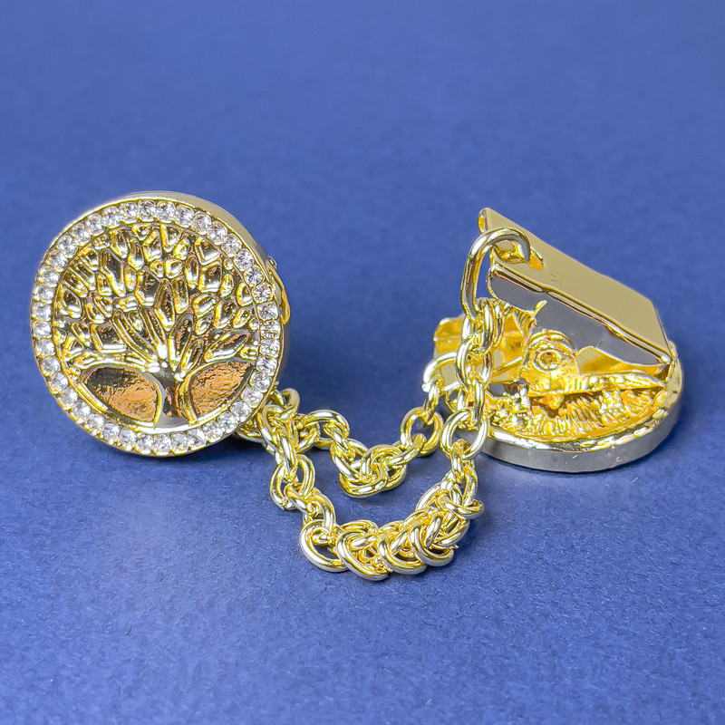Cardigan Brooch Gold-Tone Metal with White Rhinestones, diameter 20mm+- chain, length 9cm+