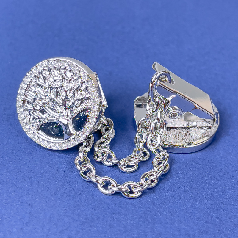 Cardigan Brooch Silver-Tone Metal with White Rhinestones, diameter 20mm+- chain, length 9cm+