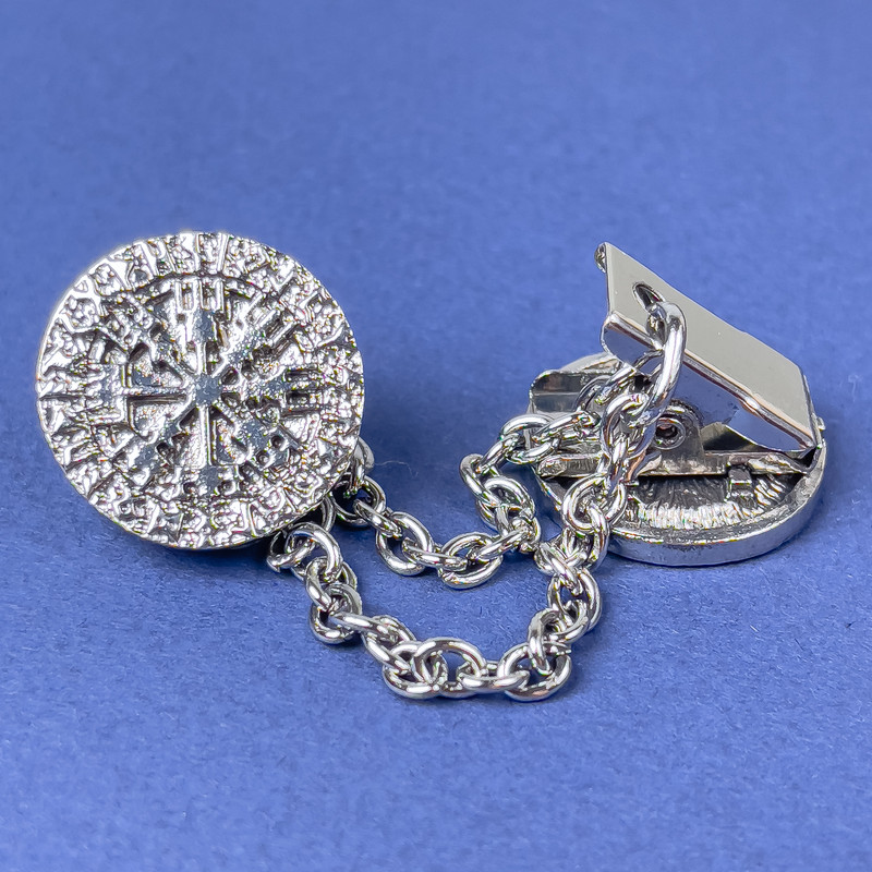Cardigan Brooch Dark Silver Metal, Diameter 20mm+/- Chain, Length 9cm+