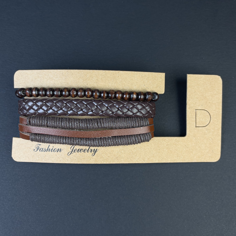 Triple Eco-Leather Bracelet, Brown, Adjustable Drawstring, Length 18-24cm+/-, Beads 6mm+/-, Length 18 Stretch