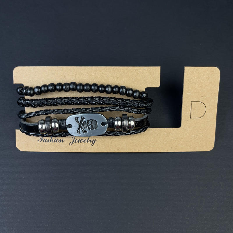 Triple Eco-Leather Bracelet with Metal Inserts, Adjustable 18-24cm, Black