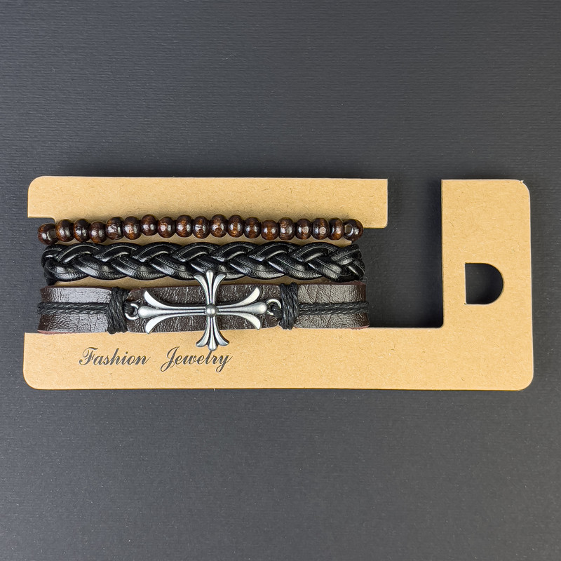 Triple Eco-Leather Bracelet with Cross Insert, adjustable drawstring, 18-24cm length, brown and black